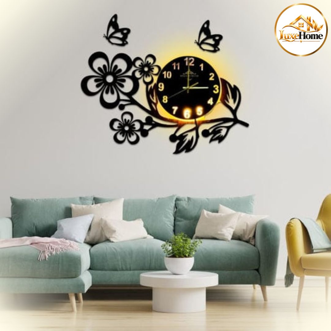 Flowers and Butterflies Wooden Wall Clock with light